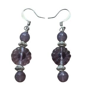 Purple Carved Floral Glass Bead Drop Earrings Silver Tone Boho Dangle Hook